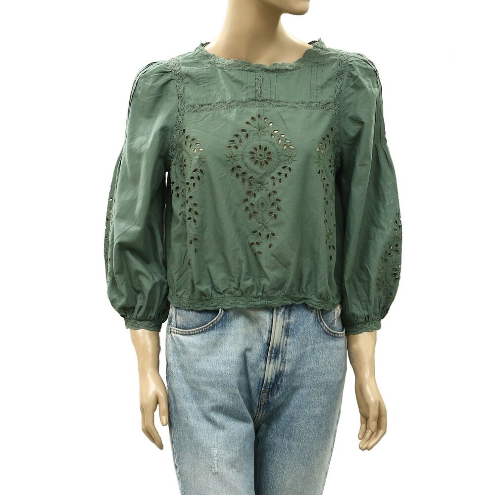 Sezane Enea Blouse Women's Top Eyelet Lace Embroidered Cotton Sage S-36 288882 - Picture 5 of 9